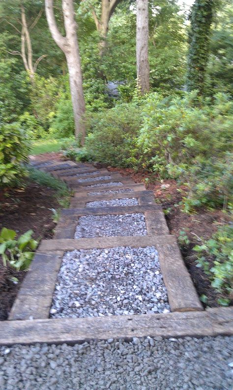 Walkway with stone and railroad ties.                                                                                                                                                                                 More Terrace Steps, Railroad Ties Landscaping, Railroad Tie, Terraced Garden, Railroad Ties, Path Ideas, Garden Stairs, Garden Walkway, Garden Steps