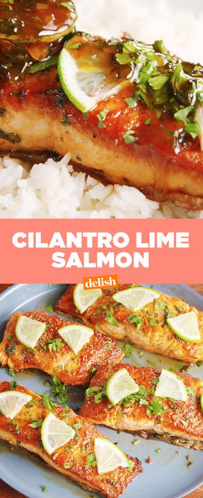 Currently hooked on this Cilantro Lime Salmon. Get the recipe from Delish.com. Salmon With Cilantro, Salmon Lime, Bake Shrimp, Lime Salmon Recipes, Salmon Meals, Cilantro Lime Salmon, Garlic Butter Salmon, Lime Salmon, Butter Salmon