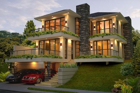 Uphill home House Designs Exterior 2 Storey, House On The Hill Architecture, Houses On Hillside Design, House On A Slope Architecture, House On Slope Architecture, Uphill House Design, Houses On A Slope, Tiered House, Modern Hill House