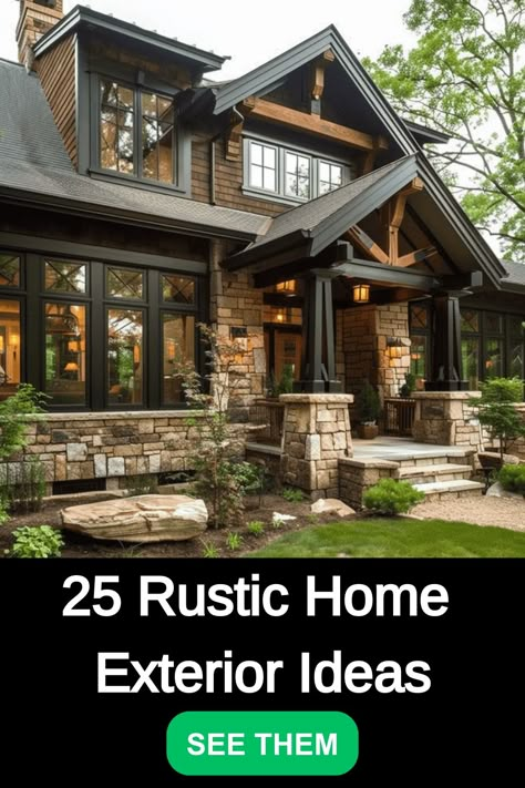 Discover 25 rustic home exterior ideas to enhance your curb appeal and make a lasting impression. From charming wooden accents to cozy country vibes, get inspired to elevate the look of your home exterior with these creative designs. Whether you prefer a classic farmhouse style or a modern rustic touch, there's something for every taste in this collection. Transform your house into a warm and inviting retreat that reflects your unique personality and showcases your love for all things rustic. Exterior House Finishing Ideas, Farmhouse Front Exterior Design, Rock Accents On House Exterior, Sage Craftsman Exterior, Farmhouse Industrial Exterior, Brick House Wood Accents, Homes With Cedar Accents, Front Porch Elevation Ideas, Log And Stone Homes