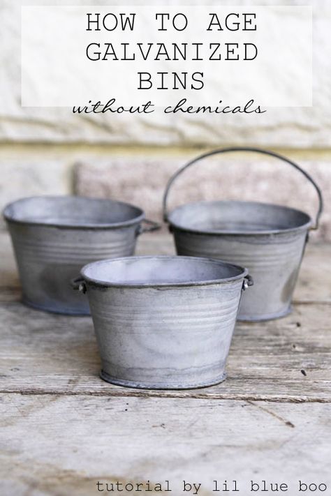 How to age galvanized metal bins without using chemicals. Age galvanized metal bins and make them look instantly antique. MichaelsMakers Lil Blue Boo Age Wood, Torched Wood, Metal Bins, Torch Wood, Tin Buckets, Galvanized Decor, Galvanized Buckets, Galvanized Tub, Metal Tub