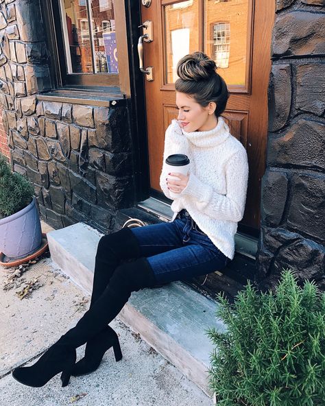 black boots, white cream turtleneck Southern Curls And Pearls, Thanksgiving Outfit Ideas, Thanksgiving Outfits, Thanksgiving Outfit, Mode Inspiration, Fall Winter Outfits, Outfits Ideas, Outfits Casuales, Over The Knee Boots