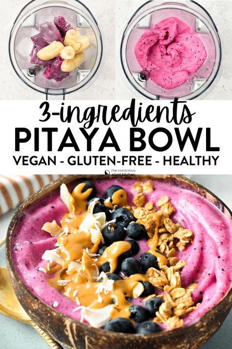 Pitaya Bowl Recipe, Dragonfruit Smoothie Bowl, Ninja Smoothie Recipes, Dragon Fruit Bowl, Acai Bowl Recipe Easy, Pitaya Smoothie Bowl, Conscious Plant Kitchen, Juice Ideas, Dragon Fruit Smoothie Bowl