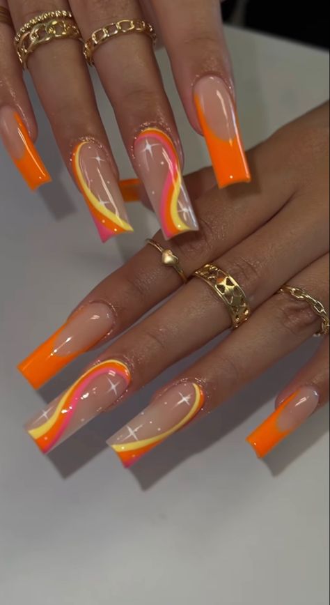 Orange And Neon Yellow Nails, Orange French Tip With Design, Orange And Yellow Acrylic Nails, Royal Blue And Orange Nails, Bright Orange Nail Designs, Miami Nails Summer, Yellow And Orange Nails Design, Yellow Acrylic Nails Designs, Orange Birthday Nails