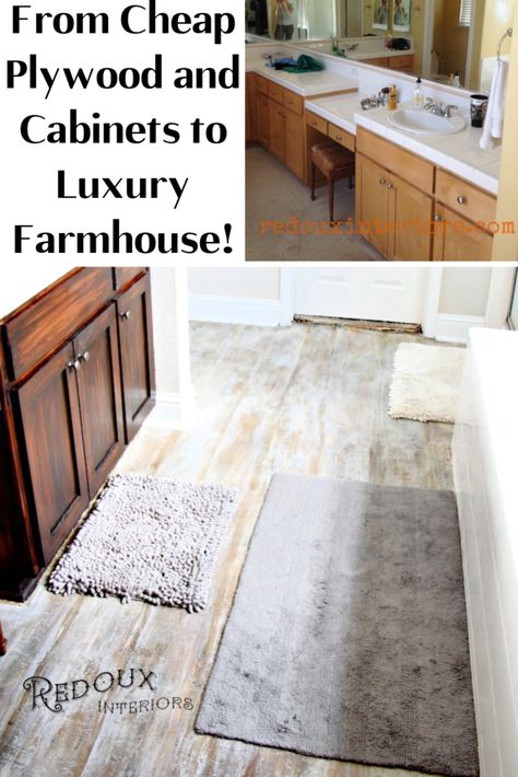 Farmhouse Master Bath Ideas, Stained Plywood Floors, Plywood Flooring Diy, Diy Stained Concrete Floors, Painted Osb, Carpet Painting, Farmhouse Master Bath, Painting Plywood, Master Bath Ideas