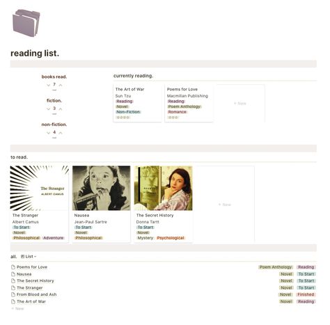 simple and cute reading list on notion to keep track of reading throughout the year Reading Log Notion Template, Macbook Costumization, Notion Reading Journal Template, Reading Log Notion, Notion Template Reading List, Notion Reading Journal, Notion Book List, Notion Reading Tracker, Notes On Notion