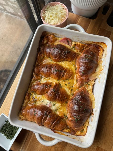 Egg, Ham, & Cheese Croissant Casserole - Choosing Balance Egg Cheese Croissant, Ham Egg Bake, Overnight Ham, Chicken Avocado Pasta, Ham Cheese Croissant, Egg Croissant, Croissant Casserole, Ham And Cheese Croissant, Avocado Pasta Salad