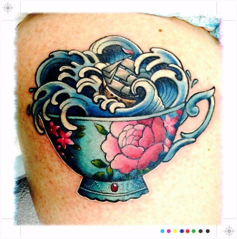 Storm in a Teacup tattoo by Makkala Rose (Flax Roots Tattoo, Hamilton, New Zealand) - exactly what I wanted and more! Tempest In A Teacup Tattoo, Storm In A Tea Cup Tattoo, Storm In A Teacup Tattoo Traditional, Cup Of Tea Tattoo Traditional, Storm In A Teacup Tattoo, Not Everyone's Cup Of Tea Tattoo, Teacup With Flowers Tattoo, Neo Traditional Teacup Tattoo, Colourful Tattoo