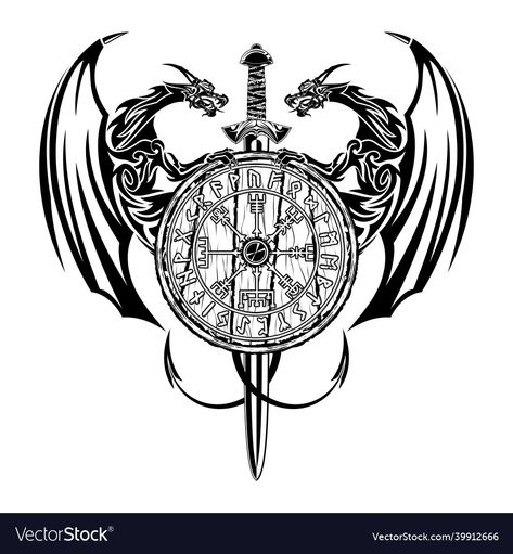 Viking Dragon Tattoo, Viking Compass Tattoo, Celtic Tattoos For Men, Shield Tattoo, Scandinavian Tattoo, Sigil Tattoo, Back Piece Tattoo, Viking Dragon, Norse Tattoo