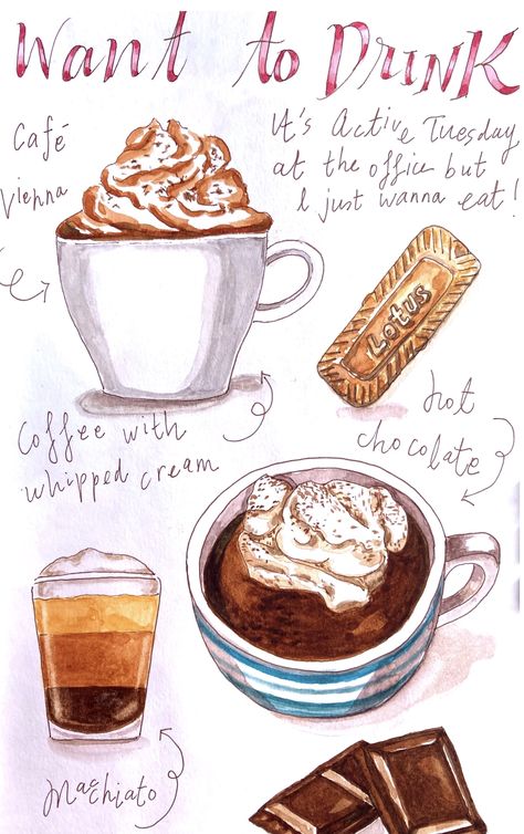 Hot Chocolate Sketch, Hot Chocolate Watercolor, Hot Chocolate Drawing, How To Do Drawing, Book Mark Ideas, New Year Planner, Journal Autumn, Watercolour Food, Diorama Paper