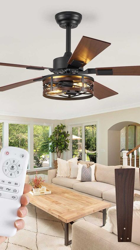 Add a touch of rustic elegance to your living room or bedroom with this stunning farmhouse ceiling fan! With its adjustable 6-speed motor and reversible design, you can tailor the look and feel to your unique style Ceiling Fan For Vaulted Ceiling, Bedroom Ceiling Fan Ideas, Farmhouse Ceiling Fans, Ceiling Fan For Living Room, Fan For Living Room, Bedroom Ceiling Fan, Ceiling Fans With Light, Farmhouse Ceiling, Caged Ceiling Fan