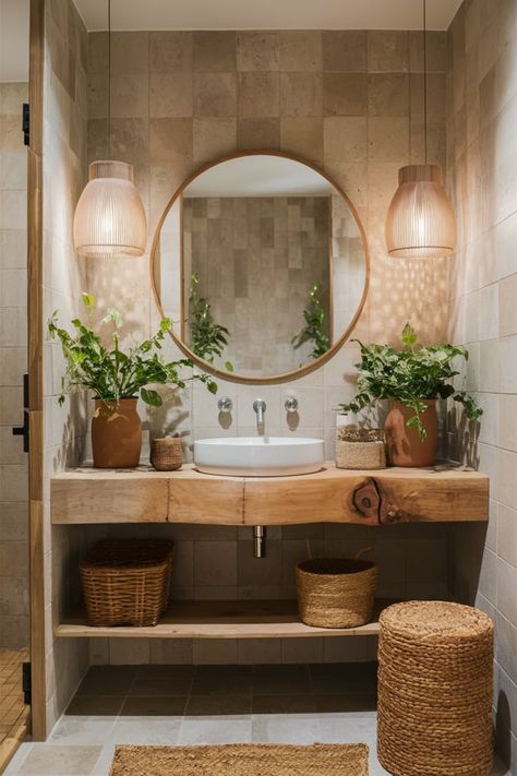 Design an eco-friendly bathroom with terracotta tiles, reclaimed wood accents, and organic woven decor. Add potted plants and neutral tones for a serene, sustainable retreat. #SustainableDesign #EcoFriendlyBathroom #GreenLiving #BathroomGoals #NaturalBathroom #TerracottaTiles #ReclaimedWood #EcoChic #BathroomInspiration #SustainableLiving Bathroom Vanity In Alcove, Mexico Bathroom Design, Earthy Home Aesthetic Bathroom, Tranquil Master Bath, Green White And Wood Bathroom, Neutral Organic Bathroom, Earthy Master Bath, Natural Powder Room, Spanish Bathroom Design