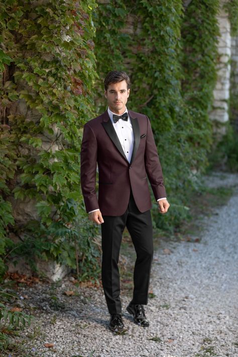 Plum Tuxedo Wedding, Garnet Tuxedo, Black And Burgundy Suit, Tuxedo Designs, Burgundy Suit Men, Burgundy Tux, Mens Tux, Wedding Tux, Stylish Mens Suits