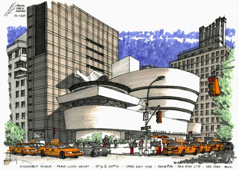 Guggenheim Museum Sketch, Museum Sketch, Inking Art, Colour Rendering, Interior Design Drawings, Architect Design House, Architecture Building Design, Guggenheim Museum, Upper East Side