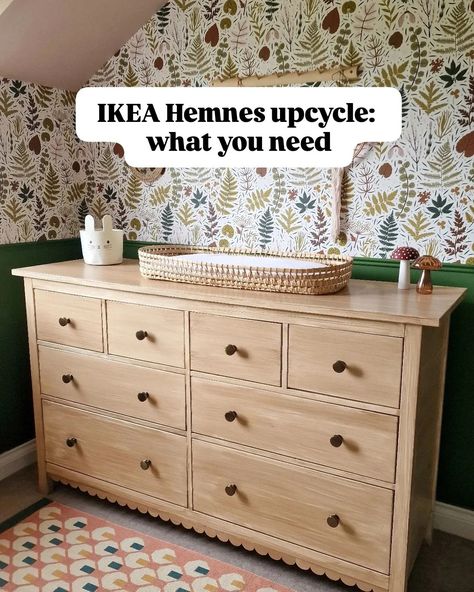 Save this for your IKEA Hemnes upcycle 👆 I had so many people ask me what I used to create the wood effect, so here's all the details: The paint is Maison Deco Refresh in Wood Effect - you can buy it from @robertdyas @lovewilko or @homebase_uk There are two small tubs inside which contain the base and top coat. This was enough to cover the drawers and trim with some paint to spare. The scallop trim is from @dunelmuk and is self-adhesive on the back - I used the smaller size. I'll link ... Hemnes Drawers Hack, Ikea Hemnes Nursery, Hemnes Upcycle, Ikea Hemnes Diy, Ikea Hemnes Dresser Makeover, Ikea Hemnes Dresser Hack, Hemnes Wardrobe, Hemnes Drawers, Hemnes Chest Of Drawers