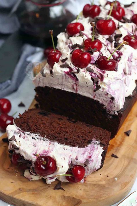 Black Forest Loaf Cake! - Jane's Patisserie Janes Patisserie, A Slice Of Cake, Loaf Cake Recipes, Slice Of Cake, Cake Mixture, Cream Frosting, Loaf Cake, Chocolate Cherry, Cake Servings