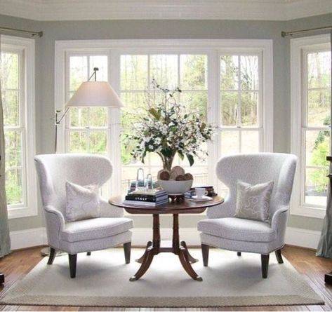 Sitting Table In Living Room, Sitting Area Off Of Kitchen, Sitting Area By Front Door, Pair Of Chairs In Front Of Window, Formal Living Room Bay Window, Small Morning Room Ideas, Small Table And Chairs For Bedroom, Two Chair Seating Area Ideas, Wall Seating Living Room