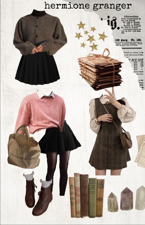 outfit ideas inspired by hermione granger, crystals and stars Hermoine Granger Outfit Aesthetic, Hermione Granger All Outfits, Hermione Granger Outfit Ideas, Outfits Inspired By Book Characters, Harry Potter Modern Outfits, Outfits Inspired By Hermione Granger, Modern Hermione Granger Outfit, Harry Potter Hermione Outfits, Ron Weasley Outfit Aesthetic