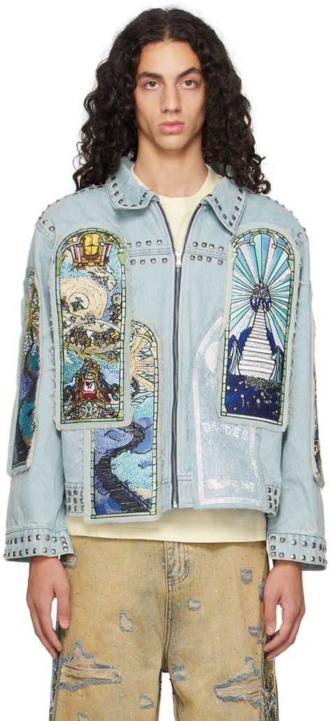 Non-stretch denim jacket. Embroidered graphic patches, studs, and crystal-cut accents throughout. · Spread collar · Zip closure · Welt pockets · Vented cuffs · Full striped satin lining · Contrast stitching in tan Available exclusively at SSENSE. Supplier color: Denim Ev Bravado, Trendy Leather Jacket, Dodgers Jacket, Retro Clothes, Studded Denim Jacket, Pirate Jacket, Coats For Men, Designer Jackets, Houndstooth Jacket