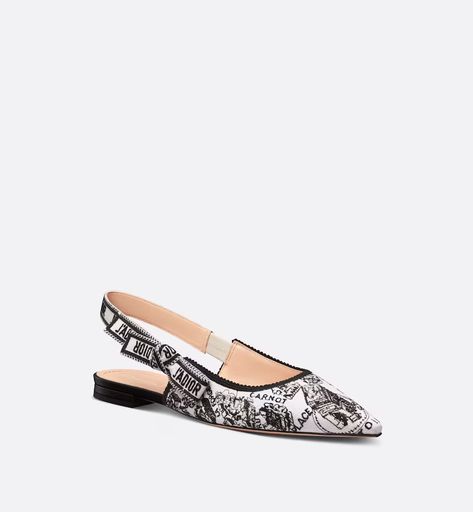 J'Adior Slingback Ballerina Flat White and Black Cotton Embroidered with Plan de Paris Motif | DIOR Dior Slingback, White Ballerina Flats, Ribbon Flats, Plan Paris, Dior Star, Icon Shoes, Dior Book Tote, Christian Dior Couture, Slingback Flats