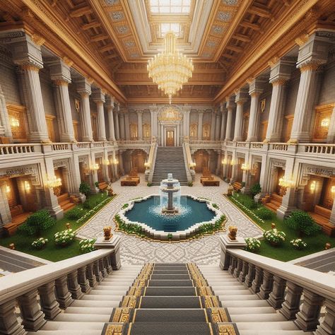 Minecraft Mansion Remodel, Minecraft Italian Mansion, Cute Minecraft Castle Ideas, Minecraft Castle Library, Minecraft Grand Staircase Design, Greek Palace Minecraft, Minecraft Courtroom, Minecraft Temple Interior, Minecraft Palace Interior