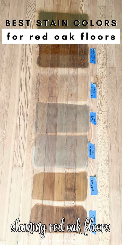 Planning on refinishing hardwood floors and looking for the best stain color for red oak floors? This how to choose hardwood floor color stain guide is for you! I’m sharing everything you need to know when restaining oak floors. I made all the oak floor refinishing mistakes when I stained wood floors so you don't have to! SAVE this Home Improvement Projects idea + discover the best hardwood refinishing stain colors for your home. Tips to choose red oak stain colors hardwood floors. Stained Hardwood Floors Colors, Stain Colors On Red Oak Floors, Red Oak Floor Stains, Refinishing Red Oak Hardwood Floors, Wood Stain Colors On Oak, Oak Floor Refinishing, Special Walnut Stain On Red Oak, Pine Floor Stain Colors, Minwax Stain Colors On Red Oak