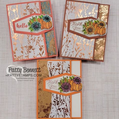 Fall Fun Fold cards with Stampin\' UP! Nested Essentials dies and Rustic Crate pumpkins colored with Stampin\' Blends markers. By Patty Bennett Fall Cards Handmade Ideas, Fall Cards Handmade, Thanksgiving Cards Handmade, Avant Garden, Fall Greeting Cards, Autumn Cards, Card Making Ideas, Pumpkin Cards, Thanksgiving Card