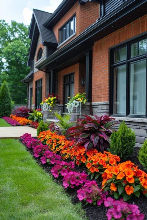 Flower Landscaping, Front Home Garden Ideas, House Front Yard Landscaping, Red Brick House Landscaping Front Yards, Landscaping With Azaleas, Simple Florida Landscaping Front Yard, Fall Patio Plants, Front Years Landscape Ideas, Purple Flowers Garden Landscaping Ideas