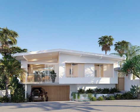 Coastal Style House Exterior, Mid Century Coastal Exterior, Coastal Mid Century Modern Exterior, Mid Century Beach House Exterior, Mid Century Balustrade, Australian Mid Century Modern, Australian Beach House Exterior, White Mid Century Exterior, Undercroft Garage