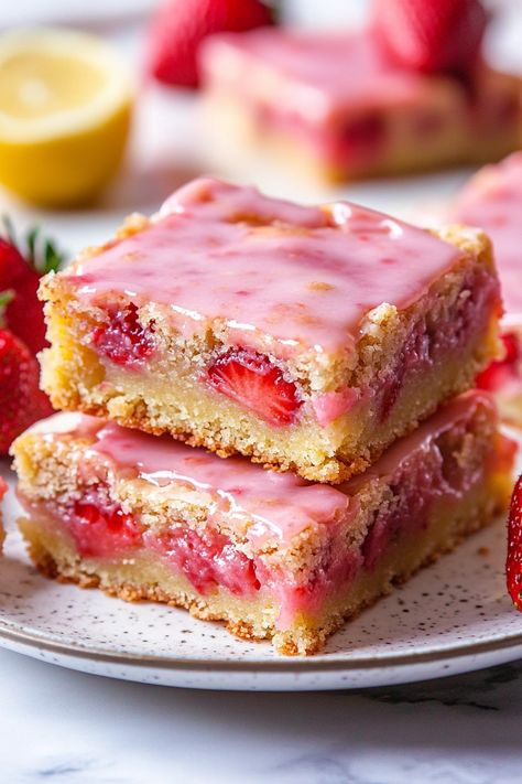 Strawberry Lemon Blondies are a delicious treat that beautifully balances the sweetness of strawberries with the zesty brightness of lemons. These soft, chewy bars are ideal for any occasion! Unlike cookies, bars and brownies are quicker to make and are the perfect dessert to bring to gatherings. This Strawberry Lemon Blondie recipe is bursting with Fruit Brownies, Strawberry Lemon Blondies, Lemon Blondies, Almond Wedding Cakes, Chewy Bars, Strawberry Bars, Blondie Recipe, Lemon Brownies, Cookies Bars