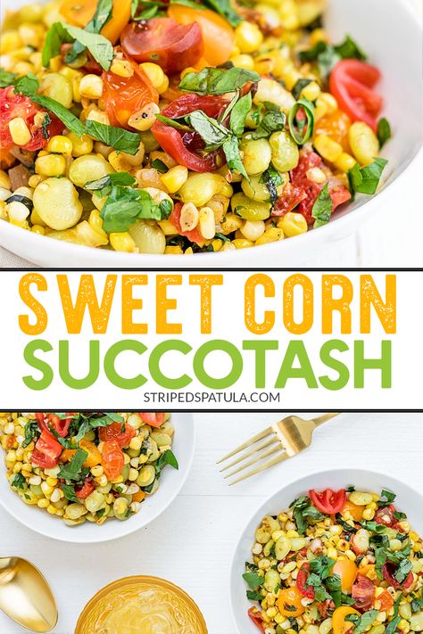 Sweet Corn Succotash is the best of summer in a bowl! With fresh corn, lima beans, and cherry tomatoes, this simple succotash recipe is a perfect way to utilize your farmer’s market haul. #corn #sidedish #succotash Sucatash Recipe Simple, Sucatash Recipe, Sweet Potato Succotash, Succotash Recipes, Best Succotash Recipe, Summer Succotash Recipes, Corn Succotash Recipe, Southern Succotash Deep South Dish, Vegan Succotash Recipe