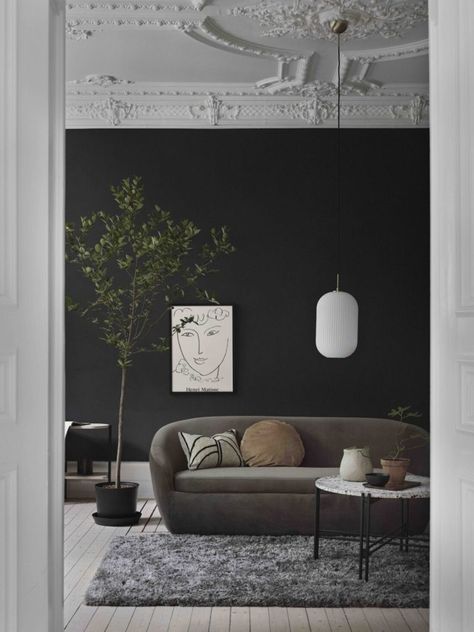 Emma Fisher for Ellos Industrial Wall Art, The Poster Club, Poster Club, Minimalist Living Room Decor, Matisse Print, White Floor, Dark Wall, Dark Walls, Living Room Decor Ideas