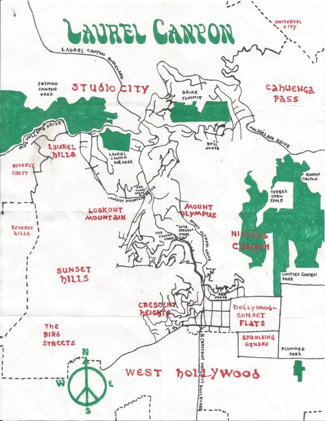 Laurel Canyon Painted Map, Places Painting, Cartography Map, Fool’s Gold, Santa Monica Mountains, Los Angeles Neighborhoods, Engraving Ideas, Hand Drawn Map, Drawn Map