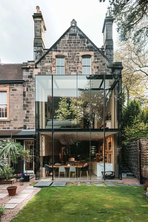 Blending Traditional and Modern Design in Historic Homes - Melanie Jade Design French Modern Tudor, Modern Victorian Homes, Moroccan Houses, Jade Design, Glass Extension, Antique House, Vintage Architecture, Internal Courtyard, Contemporary Elements