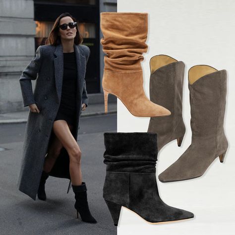 Street Style: Get The Look | sheerluxe.com Slouch Ankle Boots Outfit, Slouch Boots Outfit Street Styles, Slouchy Ankle Boots Outfit, Slouchy Boots Outfit 2023, Grey Suede Boots Outfit, Snake Print Boots Outfit, Tall Slouchy Boots, Slouchy Boots Outfit, Heeled Booties Outfit