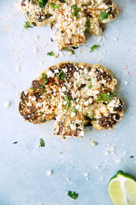 These Mexican street corn style Cauliflower Steaks are roasted in the oven for an easy and delicious side dish!  #cauliflowersteaks #cauliflowersteaksrecipe #recipeforcauliflowersteaks #howtoscutcauliflowersteaks #cauliflowersteaksbaked #cauliflowersteaksoven #howtomakecauliflowersteaks #healthydinnerrecipe #vegetariandinnerrecipe #roastedcauliflowersteak Mexican Street Corn Cauliflower, Creamy Chili, Cauliflower Steaks Recipes, Chili Lime Sauce, Roasted Cauliflower Steaks, Oven Roasted Cauliflower, Roasted Cauliflower Soup, Cauliflower Steaks, Baked Cauliflower