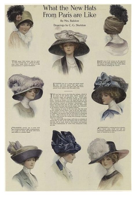 This shows women's hats from the 20th century, many of which are large and exquisite. Large brimmed hats along with large feathers and bows accenting it were very popular during the mid 20th century. They were used to accessorize every outfit. Edwardian Hat, Historical Hats, Victorian Hats, Ab Challenge, Edwardian Dress, Paris Mode, Women's Hats, Couture Vintage, Edwardian Fashion