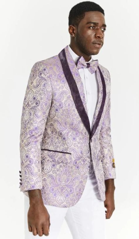 Ivory and Light Purple Paisley Tuxedo suit + Matching Pants Paisley Tuxedo, Mens Plaid Blazer, Green Tuxedo, Suit Stores, Prom Tuxedo, Paisley Color, Blazer Pattern, Wedding Tuxedo, Formal Tuxedo