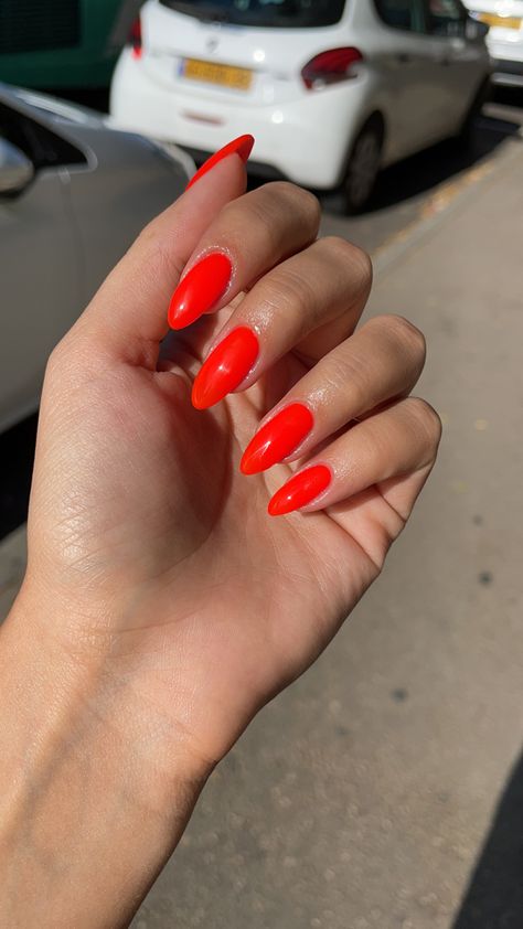 Hot Red Orange Nails, Highlighter Orange Nails, Neon Orange Pedicure, Bright Red Orange Nails, Reddish Orange Nails, Neon Orange Summer Nails, Neon Red Nail Polish, Orangey Red Nails, Blood Orange Nails