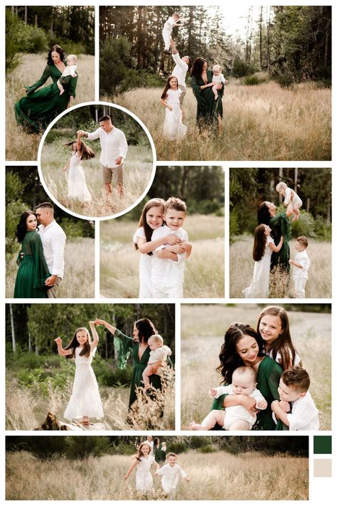 Family photos in a field wearing white and green dress. Family Photos Wearing Green, Green Outfit Photoshoot Family, Farmhouse Family Pictures, Family Pictures Green Dress, Green Dress Photoshoot Family, Green Themed Family Photos, Sage Green And Black Family Photos, Forest Green Family Photos, Dark Green Dress Family Pictures