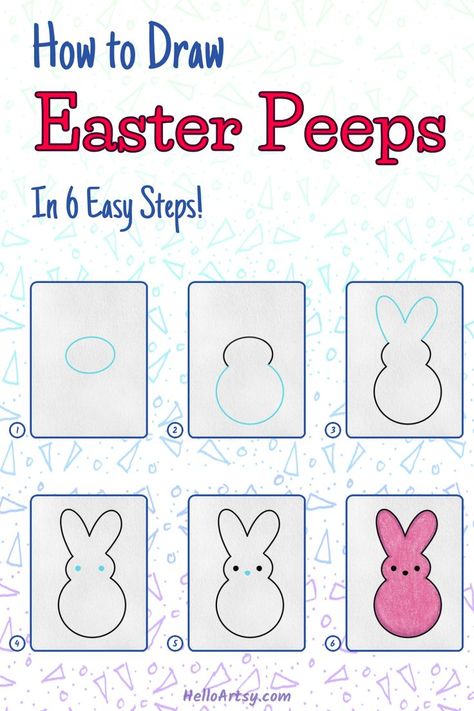 6 steps demonstrating how to draw  Easter peeps drawing for kids. Easy To Draw Easter Pictures, Easter Drawings Easy Step By Step, Cute Easter Drawings Easy, Easter Drawings Ideas Easy, Easter Doodles Easy, Peeps Drawing, Peeps Painting, Easter Drawings Easy, Easy Easter Drawings