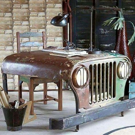 Here’s What Guys Are Pinning on Pinterest (33 Photos) - Suburban Men Car Parts Furniture, Car Parts Decor, Old Car Parts, Decor Diy Ideas, Upcycle Design, Campaign Desk, Car Part Furniture, Mediterranean Decor, Old Car