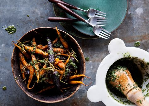 Roasted Carrots with Carrot-Top Pesto - Bon Appétit Carrot Top Pesto, Entertaining Tips, Carrot Top, Carrot Recipes, Jack Johnson, Pesto Recipe, Roasted Carrots, Vegetable Sides, Veggie Sides