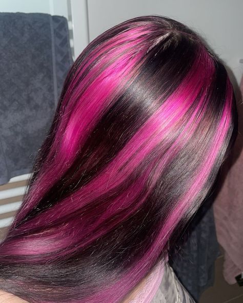 recent pics!⋆. 𐙚 ˚ Funky Coloured Hair, Pink Peekaboo Highlights Black Hair, Skunk Stripe Hair Pink, Pink Skunk Highlights, Pink Highlights Black Hair, Skunk Hair Pink, Black Hair With Pink Streaks, Neopolitan Hair Highlights, Pink Highlights Brown Hair