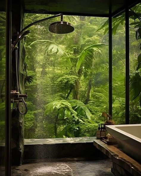 Bathroom With Outdoor Garden, Forest Bathroom Theme, Outdoor Shower Aesthetic, Nature Homes, Jungle House, Green Living Room, Outdoor Bathrooms, Forest House, Amazing Home