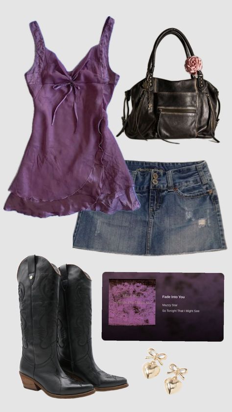 #purple #cowboyboots #outfit Purple Boots Outfit, Americana Outfits, Cowboy Boot Outfits, Bus Graveyard, Boot Outfits, Cosplay Inspo, Purple Boots, Angel Cake, Cowboy Outfits