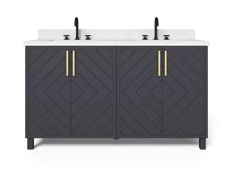 Whalen Furniture Roundstone 60" Double Bathroom Vanity Set & Reviews | Wayfair 60 Inch Vanity, Brushed Gold Hardware, Undermount Sinks, Vanity Accessories, Solid Wood Cabinets, Double Bathroom, Double Bathroom Vanity, Engineered Stone, Bathroom Sink Vanity