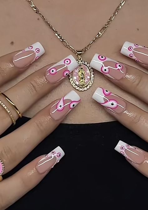 French Tips With Pink, White French Tips, White Summer Nails, Pink Evil Eye, Kylie Nails, Gel X Nails, Crazy Nail Designs, Evil Eye Nails, Hard Gel Nails