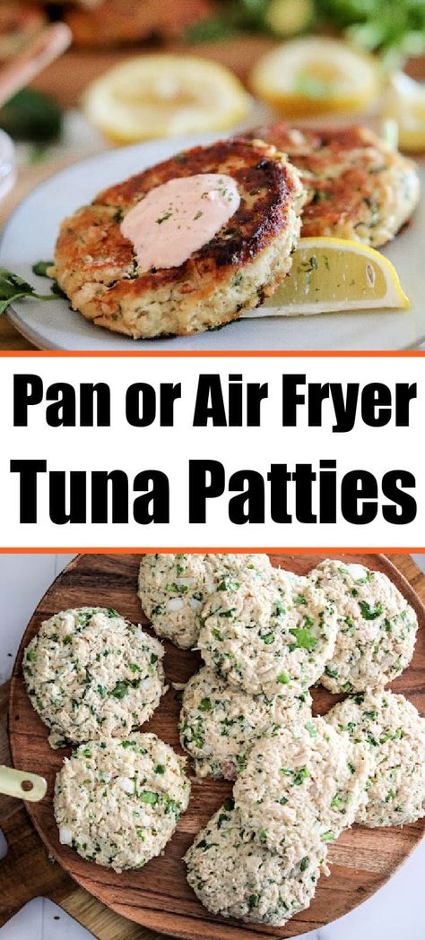 How to make tuna patties homemade at home. Pan fried or air fryer tuna patties are a protein packed fish appetizer, dinner or side dish. #tunapatties #tunacakes Tuna Patties Air Fryer, Air Fryer Tuna Patties, Air Fryer Tuna, Tuna Cakes Recipe, Tuna Patties Recipes, How To Make Tuna, Salad And Fries, Tuna Patties, Tuna Cakes