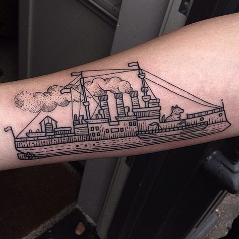 Find the dog! Thanks Fred! Steamboat Tattoo, Left Arm Tattoo, Boat Tattoo, Left Arm Tattoos, Sailor Tattoos, Tattoo Leg, C Tattoo, Nautical Tattoo, Ship Tattoo